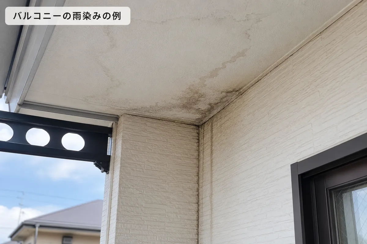 バルコニー軒天に広がる雨染みの例。中古戸建てで指摘されやすい劣化箇所