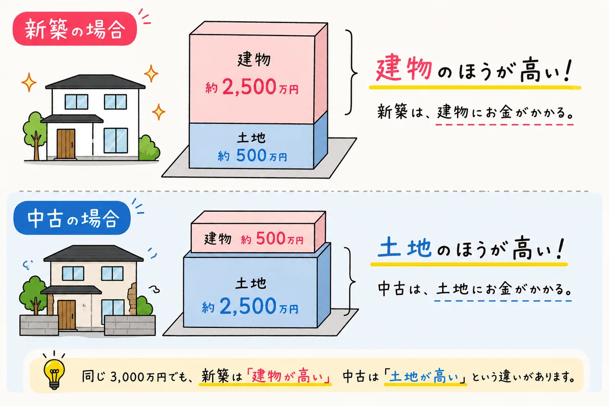 新築は建物に、中古は土地にお金がかかるという費用配分の違いを示した図解。同じ3,000万円でも内訳が異なる