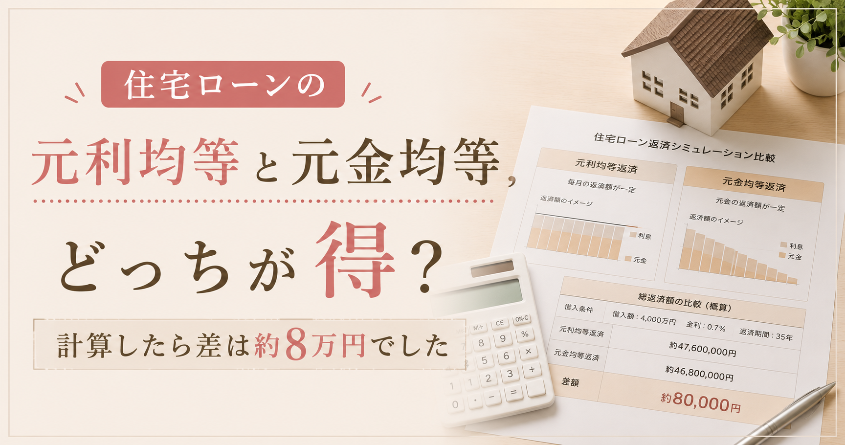 住宅ローンの元利均等と元金均等、どっちが得?計算したら差は約8万円でした